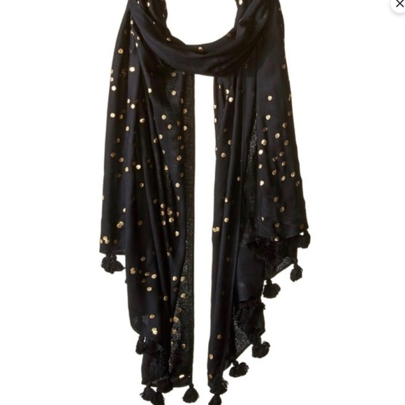 NWT Kate Spade Confetti Dot Foil Scarf Black Gold Metallic oblong fringe - Picture 7 of 7